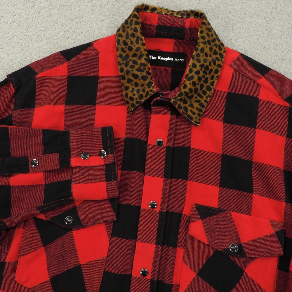 The Kooples Shirt Womens 2 Red Black Pearl Snap Buffalo Check Leopard Plaid